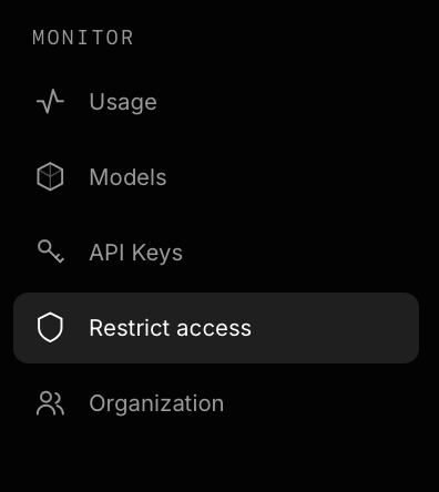 Dashboard navigation with Restrict access selected