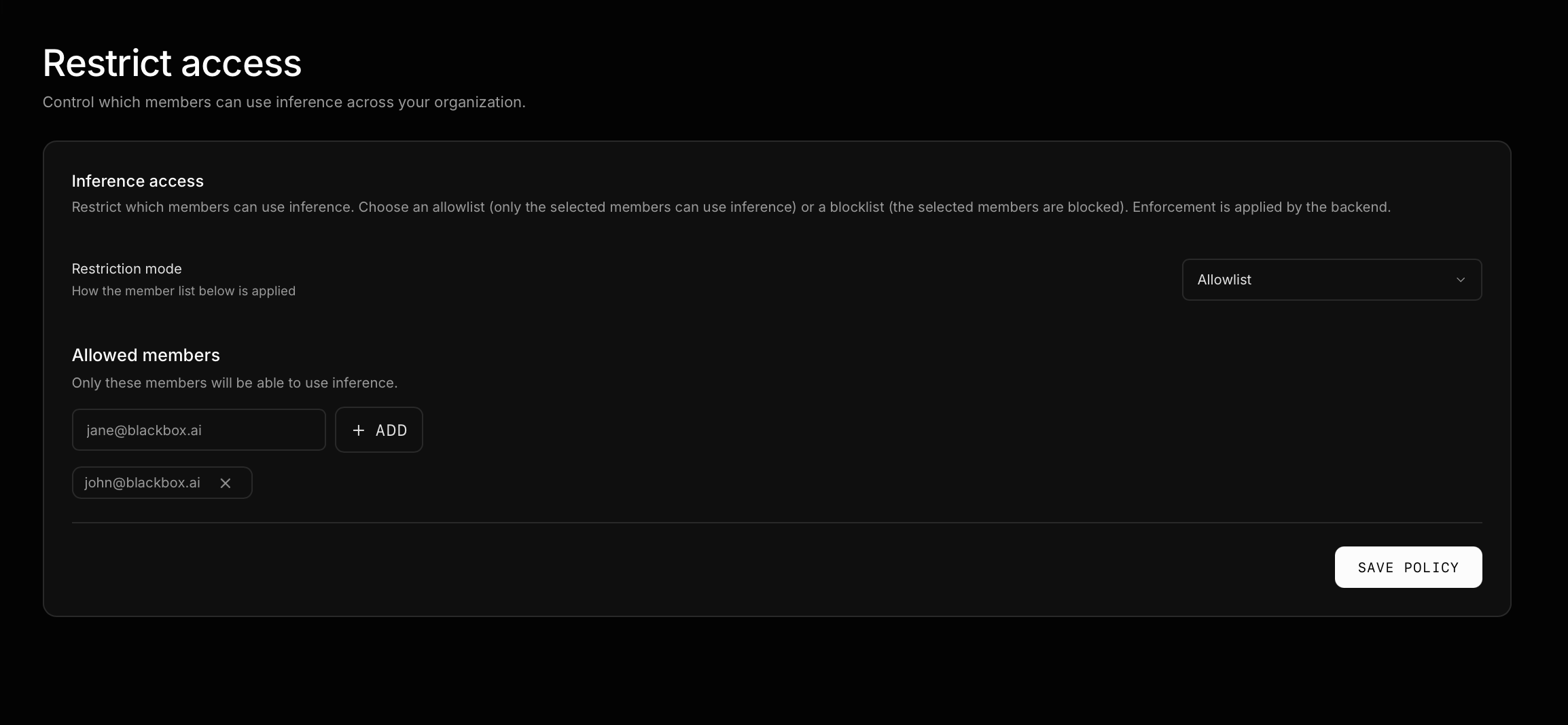 Allowlist with a selected member and the Save Policy button